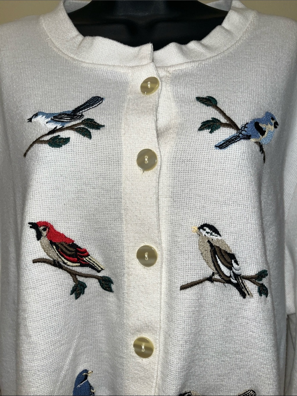 Bon Worth White Cardigan Sweater EMBROIDERED BIRDS W/Pockets XLP Grandma Core